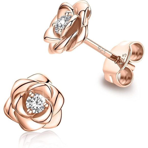 Women's Gold Plated Sterling Silver Rose Flower Earring - Picture 1 of 11